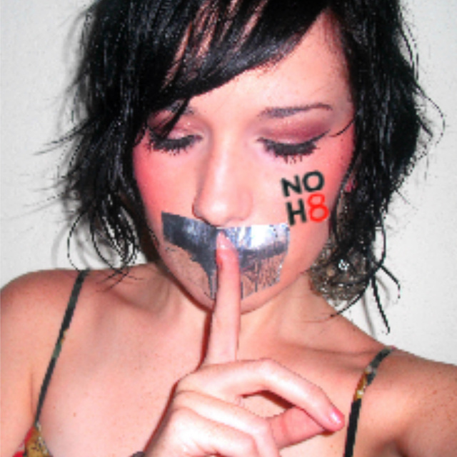 Kelsey Kauffman - The NOH8 campaign is a helping hand in my life. Not only for me personally, but for my work as a Gay Right's Activist. I'm a former bulimic and I'm engaged to a black man. I get called some nasty names from time to time... But, I just put up my peace sign and don't retaliate. The NOH8 campaign has taught me that hateful words are just that hateful and hurtful. 