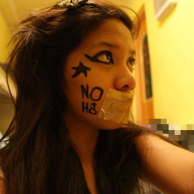Cassie - Sorry if... Sorry if the NO H8 sign on my cheek is not official.. (I just used an eyeliner). And the tape on my mouth is not silver. But I really want to join and post pictures here on NO H8, I really want to help and be an inspiration. 