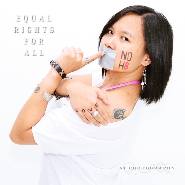 Jerraleen Balais - I am not an American citizen, neither a resident of California but I am one of the many people who strive to make a better world. I submit my NoH8 self-portrait in support to gender equality in hopes that someday, the place where I live (and anywhere else in the world), people will be able to exercise their freedom to love and just BE.