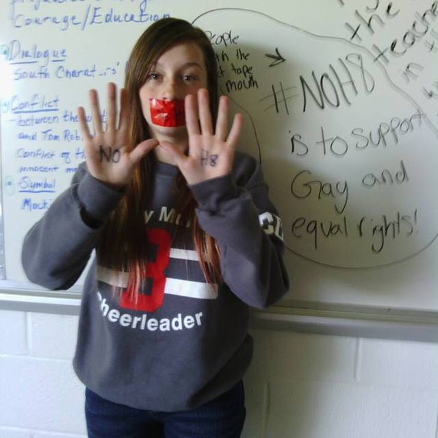 Bieber - Me and some of my friends are wearing red duct tape and white boards and walking around my high school. A lot of kids are staring at us as we pass by and the seniors are calling us stupid and annoying but we will not speak for 24 hours. The more people look at us the more people will know about the No H8 campaign.