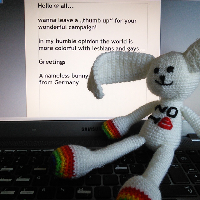 Astrid Anderssen - I had so much fun while crocheting this bunny and want to share it with you. One of my daughters live in Austria and is going to marry her girlfriend in July and I'm so proud and happy about this. Your campaign - I follow on Facebook - inspired me to make this Bunny...
Greetings from Germany
Astrid Anderssen Astrid Anderssen - I had so much fun while crocheting this bunny and want to share it with you. One of my daughters live in Austria and is going to marry her girlfriend in July and I'm so proud and happy about this. Your campaign - I follow on Facebook - inspired me to make this Bunny...
Greetings from Germany
Astrid Anderssen