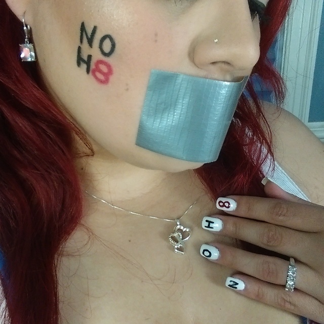Ivy Perez - I created this look using Prinsess Makeup line which is owned by a friend of mine..We created a NoH8 collage to help bring awareness and to represent for this campaign. You don't have to like something but you also don't have to show hatred towards it. I love the LGBT community and I represent proudly. 